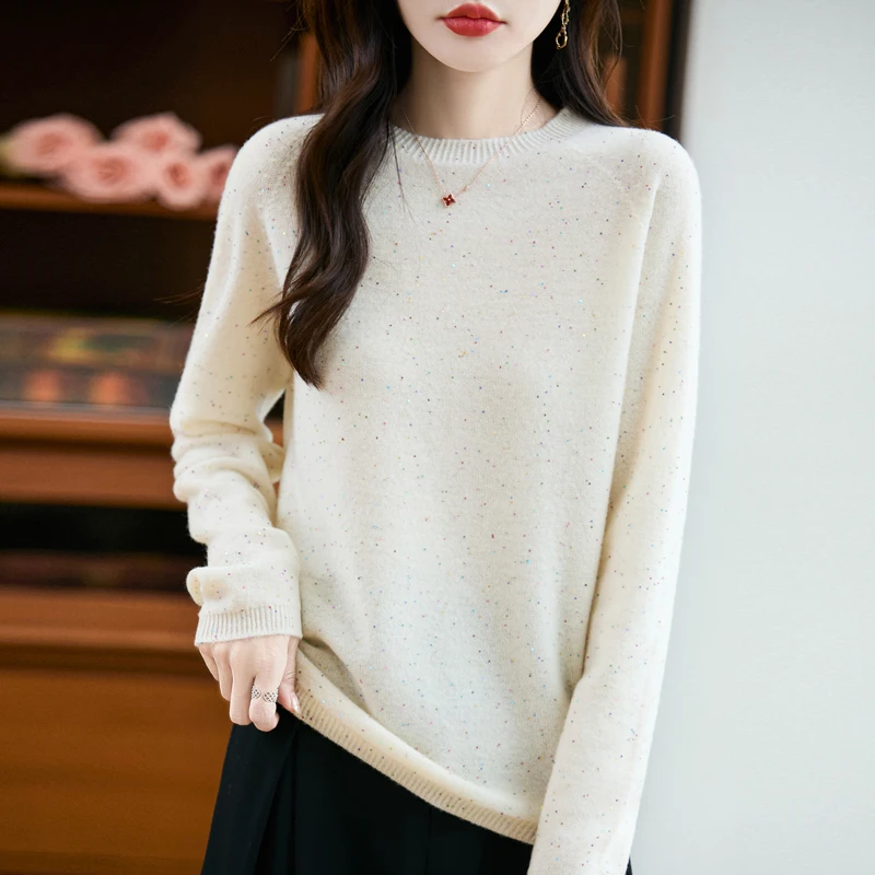 Sweter z okrągłym dekoltem, 100% wełna merino, sweter wkładany przez głowę, jesień, zima, miękki, damski, długi rękaw, dzianina, elegancki, modny, odzież, topy