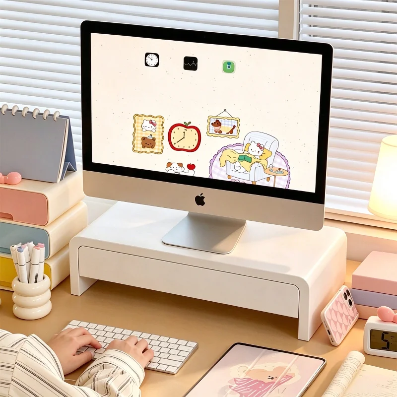 Wooden Monitor Holder with Drawer Desktop Computer Display Bracket Office Monitors Organizer Riser Stand Monitor Storage Support