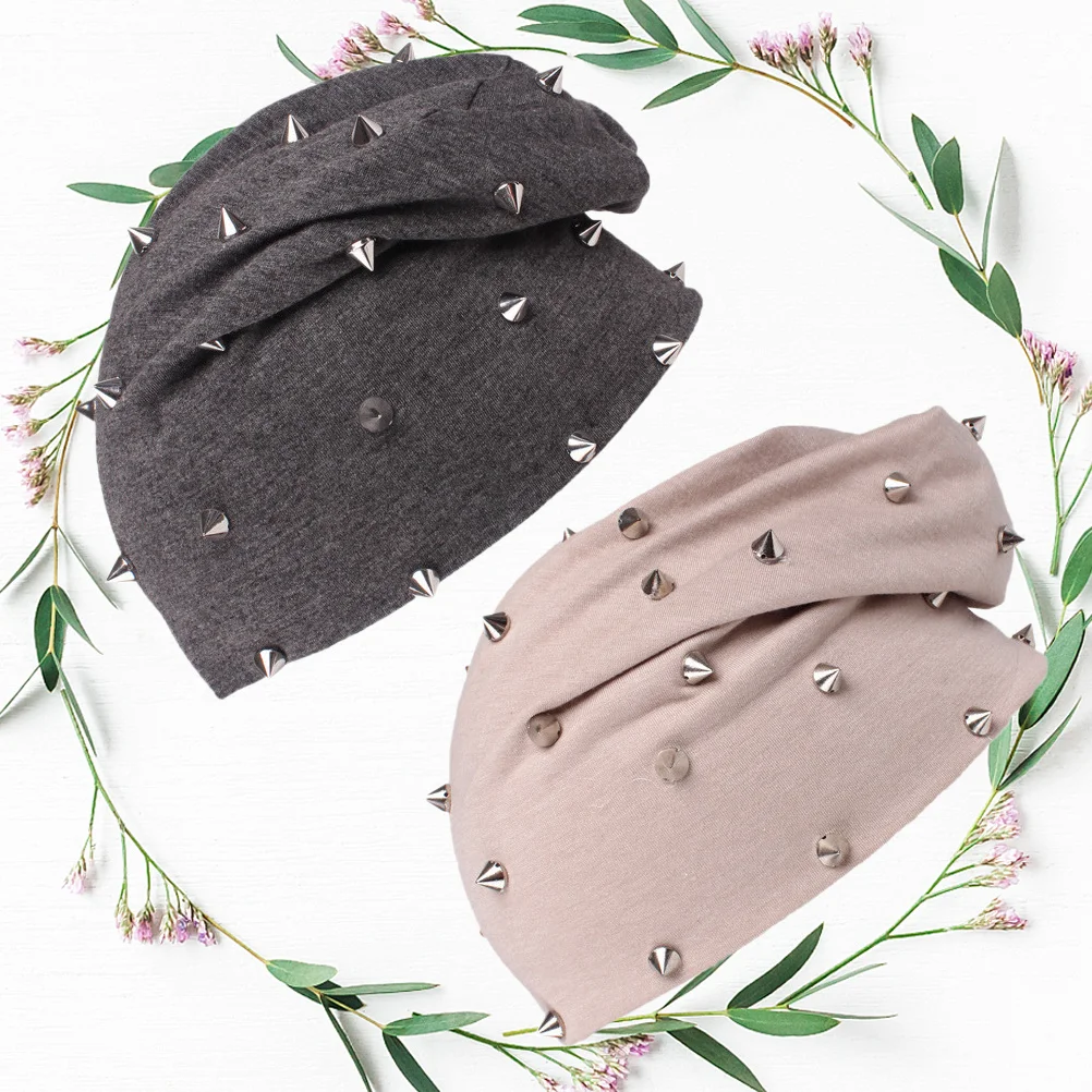

2pcs Beanie Hats For Women Warm Soft Stretchy Knit Turban Style Sleep Hair Loss Cover Chemotherapy Cap Rivet Turban Cap