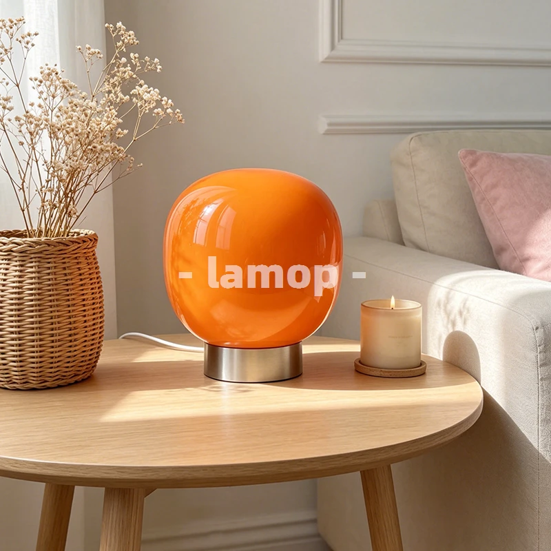 Warm Orange Round Sphere Short Metal Base Table Lamp Vintage Wood 3 Tone Soft Light Laptop Study Desk Decor Lamp