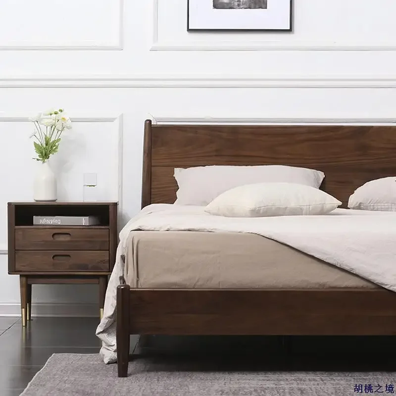 Nordic all solid wood cherry wood Modern simple Japanese log black walnut bedroom furniture 1.8m time bed
