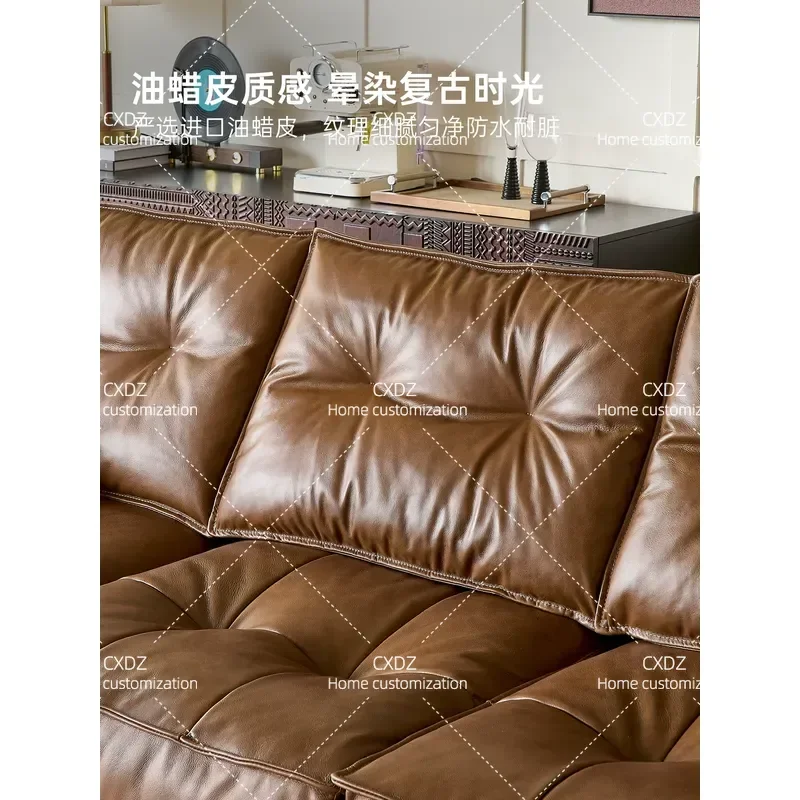 Antique Retro Oil Wax Leather Sofa Minimalist Light Luxury Straight 3 Seater Living Room Furniture Module Set