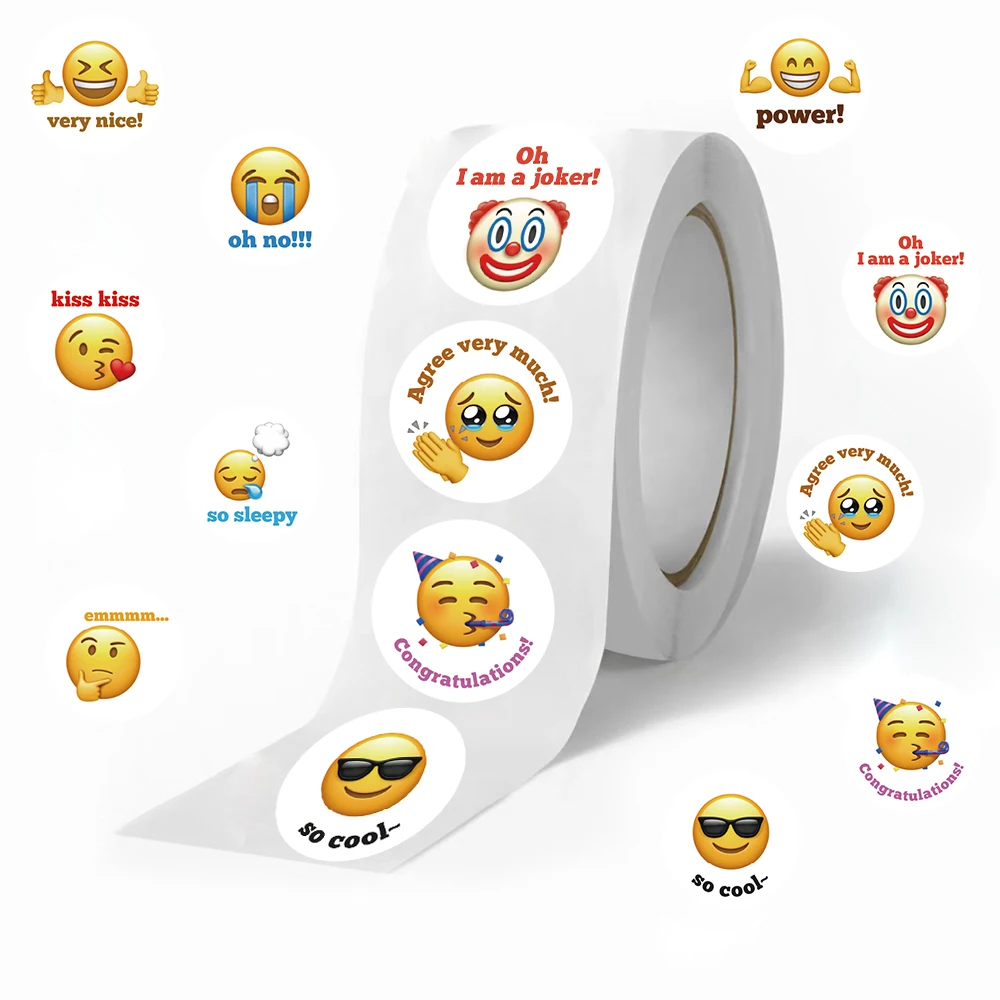 500Pcs/Roll Cartoon Funny Smile Face Expression Reward Stickers 10 Designs Round For PC Pad Fridge Gift Diy Decor Sticker