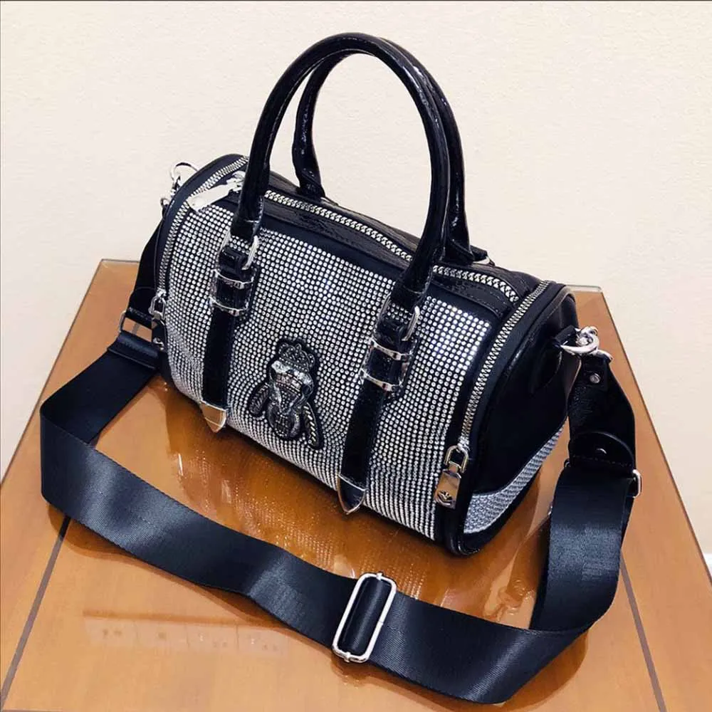 Women Shining Rhinestone Handbag Genuine Leather Top Handle Tote Bag Shoulder Crossbody Bolsas Female Brand Designer Luxury Sacs