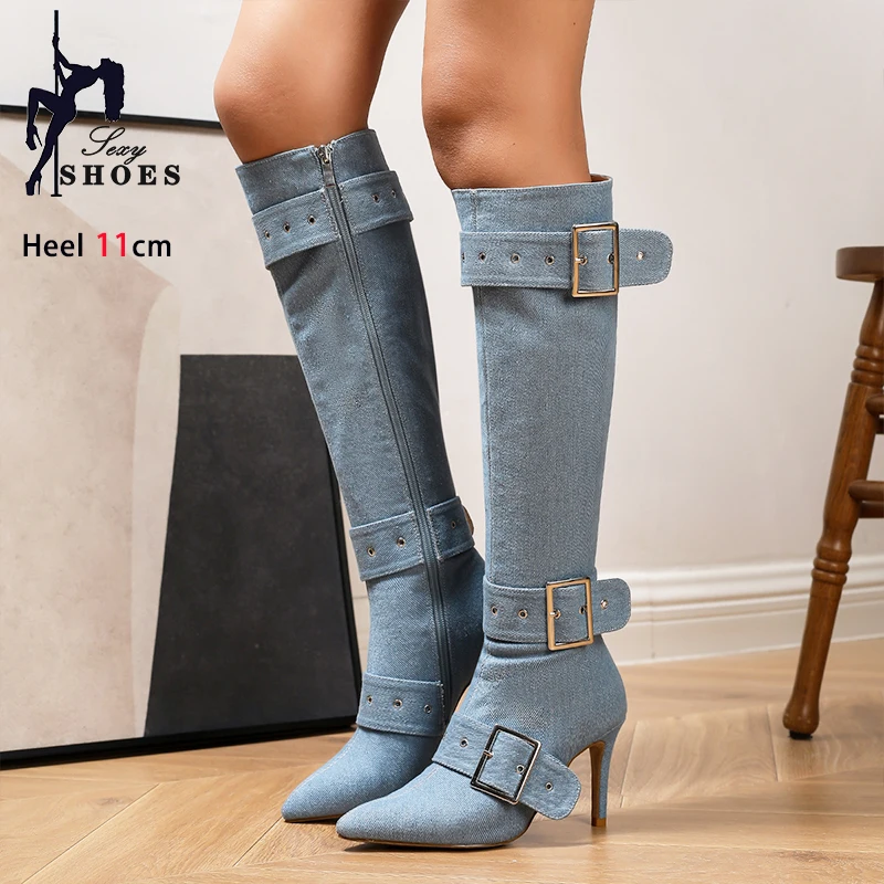 Plus Size 36-43 Women Denim Long Boots Side Zipper 11CM High Heels Fashion Buckle Runway Shoes Woman Pointy Toe Knee-high Boots image 5