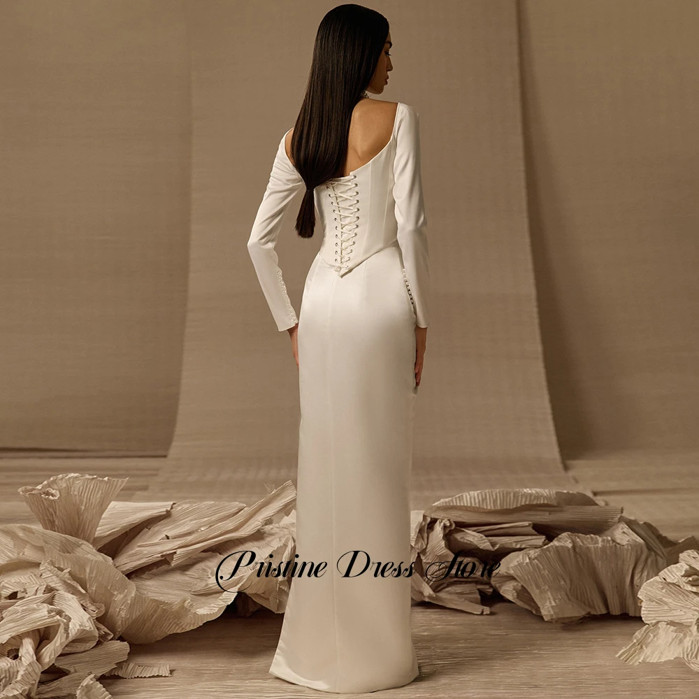 Modern Two Piece Draped Waist White Satin Sheath Wedding Dress with Side Slit Customized Sccop Long Sleeves Bridal Gowns