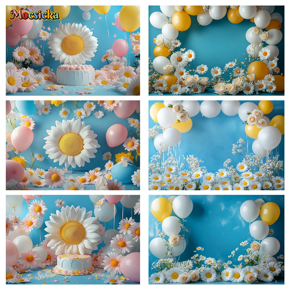 

Mocsicka Balloon Photography Backdrop White Yellow Daisies Blue Vintage Cake Smash Aesthetic Floral Theme Studio Party Decor