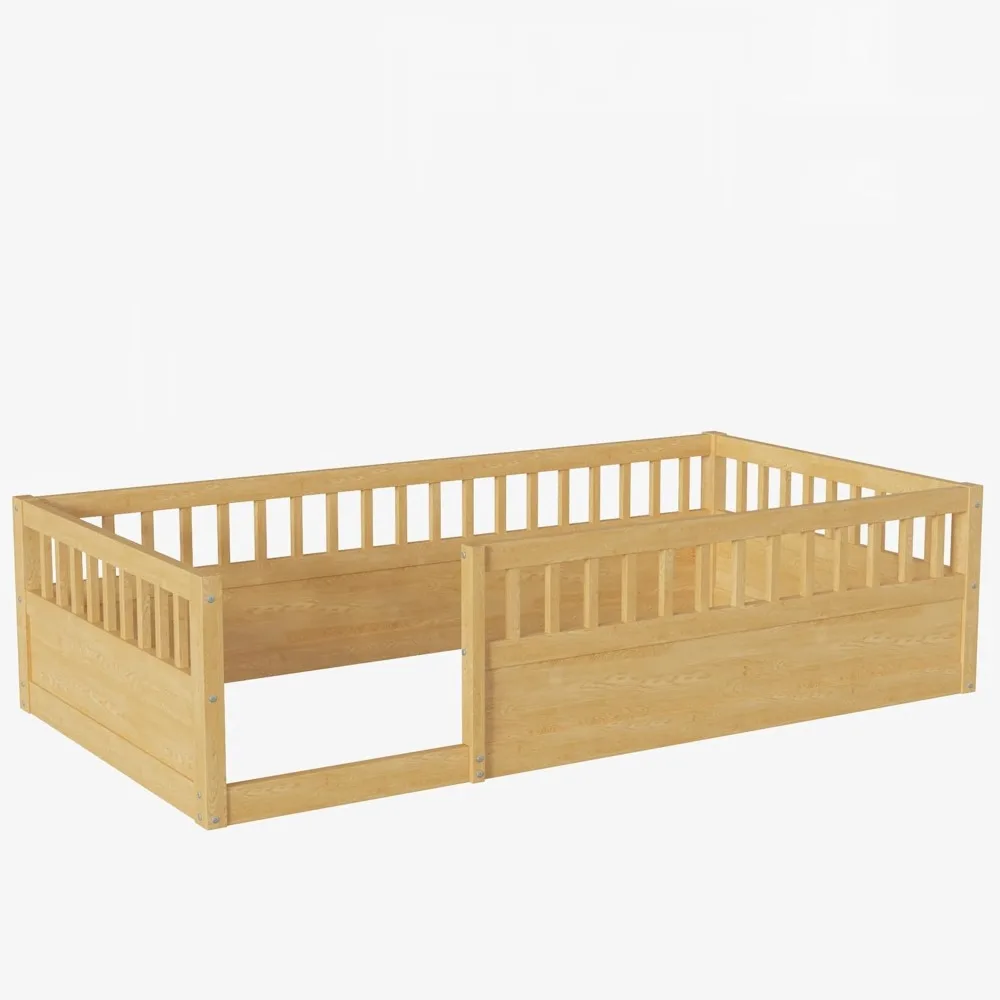 ROOMTEC Twin Size Montessori Bed with Fence, Toddler Floor Bed Frame with High Rails for Children Bedroom,Toddlers, Boys Girls