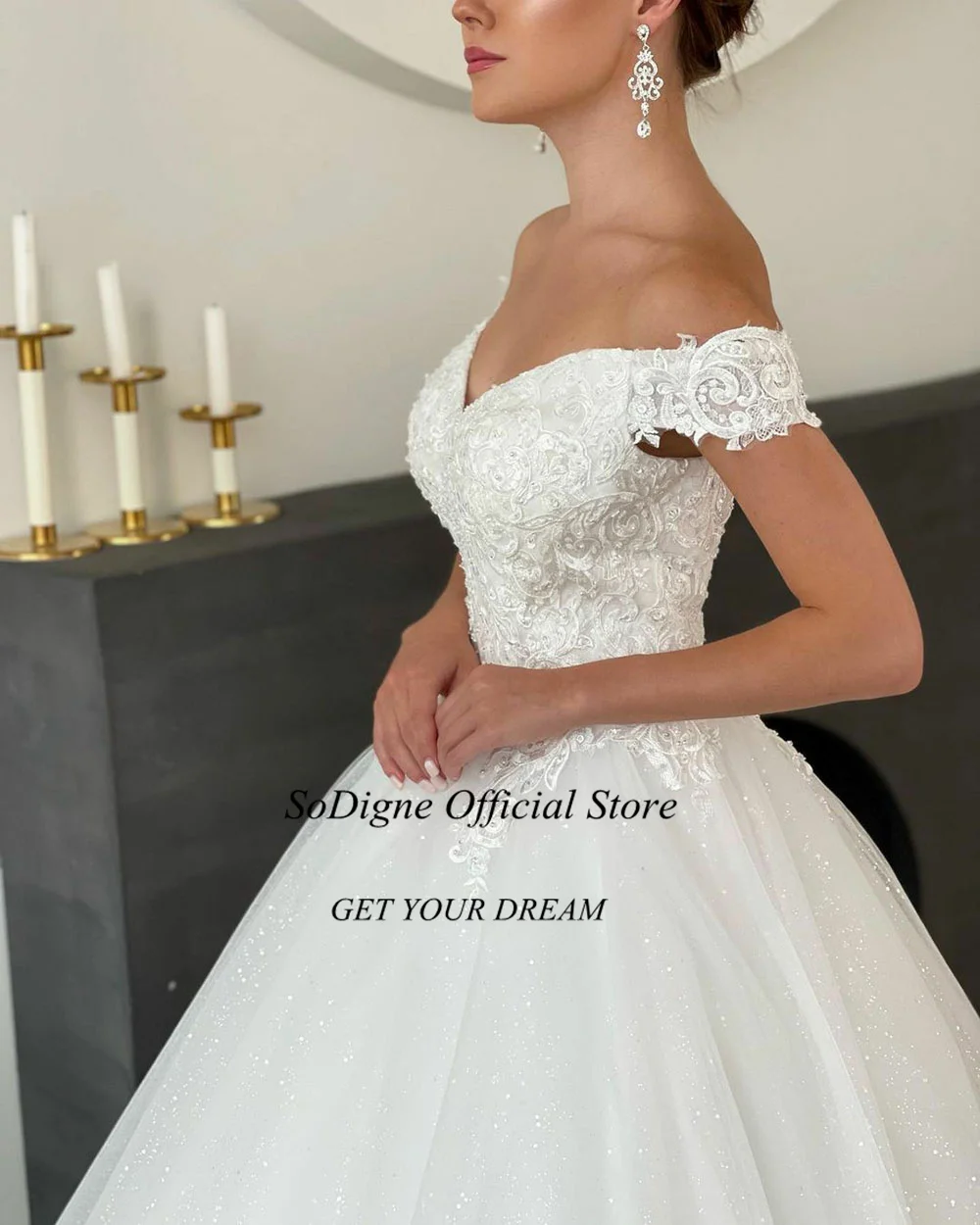 SoDigne Princess Wedding Dresses Off Shoulder Bridal Gowns A-Line Lace Appliques Glitter Tulle Bride Dress 2022 High Quality