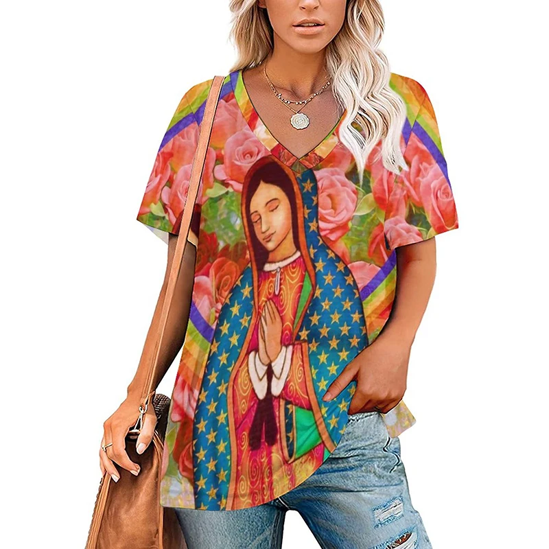 Summer Virgin Mary 3D Print T-shirts Retro Women V-Neck Casual T Shirt Y2k Top Harajuku Streetwear Oversized Tee Woman Clothing