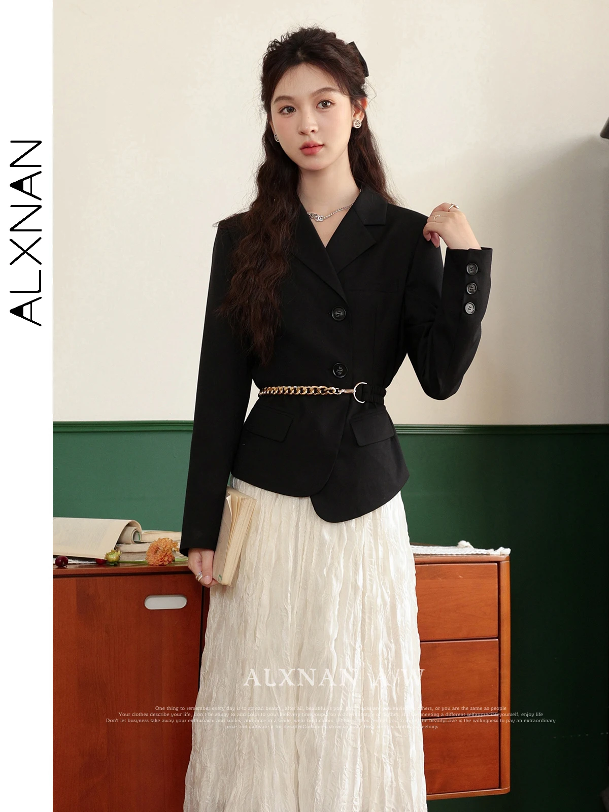 ALXNAN Black Straight Blazer Women 2024 Autumn Commuter Casual Polo Collar Single Breasted Long Sleeve Suit Jacket LXN31136