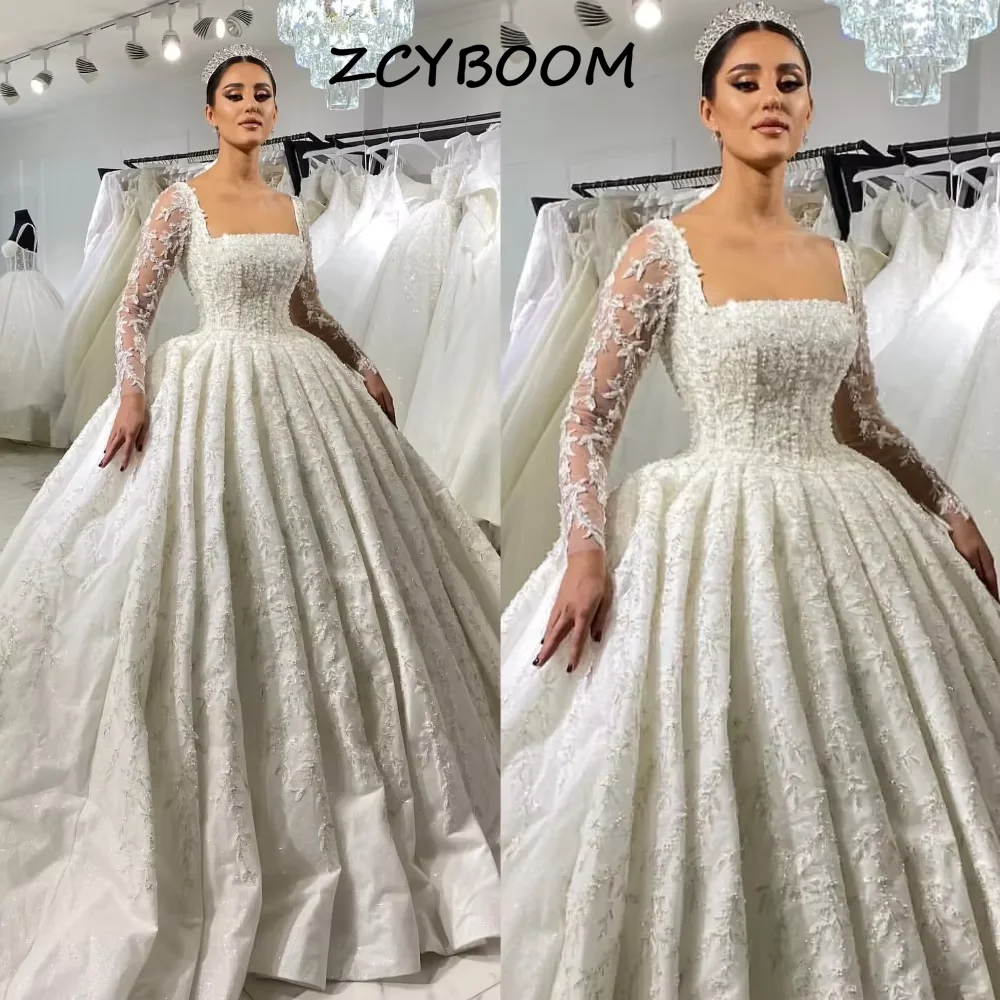Customized Luxury Shiny A-line Sequined Wedding Dress Long Sleeves Appliques Bridal Gown Court Train 2026 Ivory Vestido De Noiva