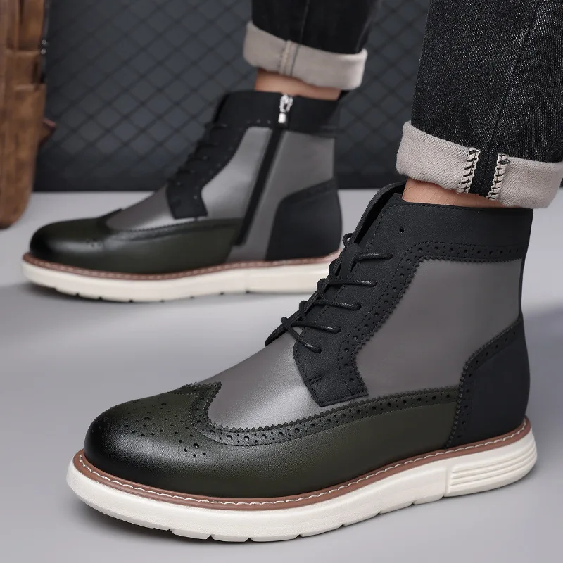 Luxury Men Ankle Boots Fashion Autumn Winter High Top Platform Boots Man Brogue Men's Formal Leather Botas De Cuero Para Hombre