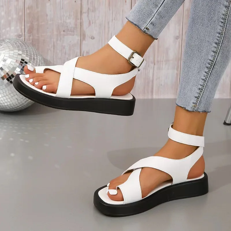 

Sandals Women Pu Leather 2024 Summer New Clip Toe Sandals Ladies Roman Women Shoes Muffin Sandals Women Shoes Summer