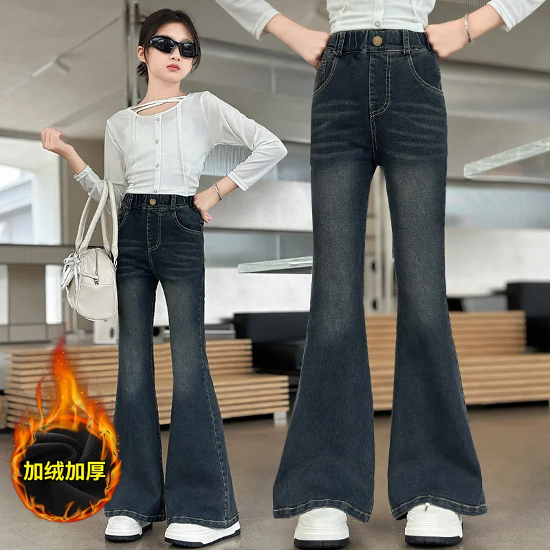

Girls Bell-Bottom Trousers Winter 2025 New Children Fleece Denim Pants Teenager High-Waisted Long Pants Kids Fashion Clothing