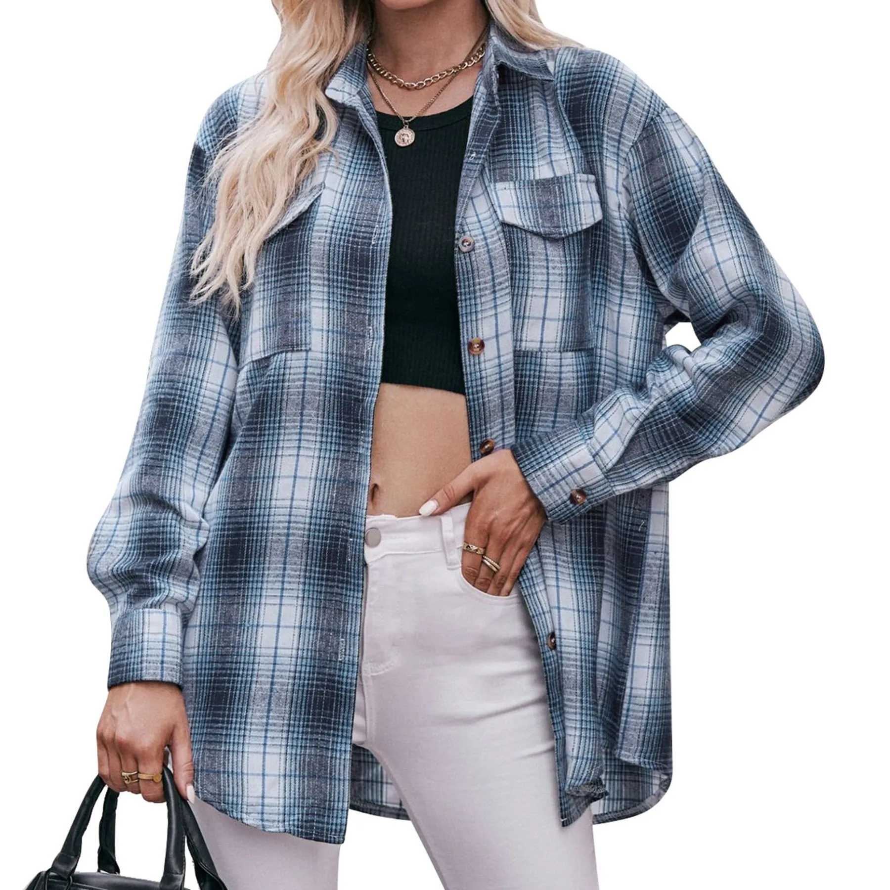 

Women Blouse Long Sleeve Plaid Loose Fit Shirt Red Plaid Collar Front Button Down Shirt Oversized Knot Front With Chest Pocket