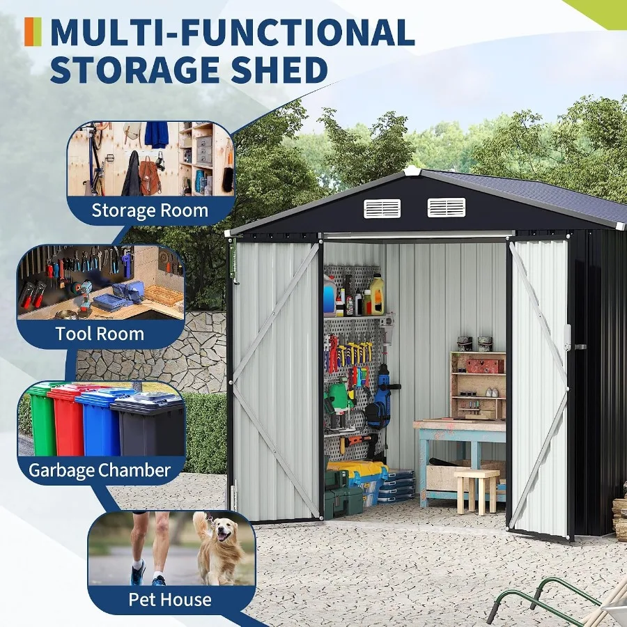 Outdoor storage shed for backyard use, galvanized steel construction, gray color, weather-resistant with lockable doors and air
