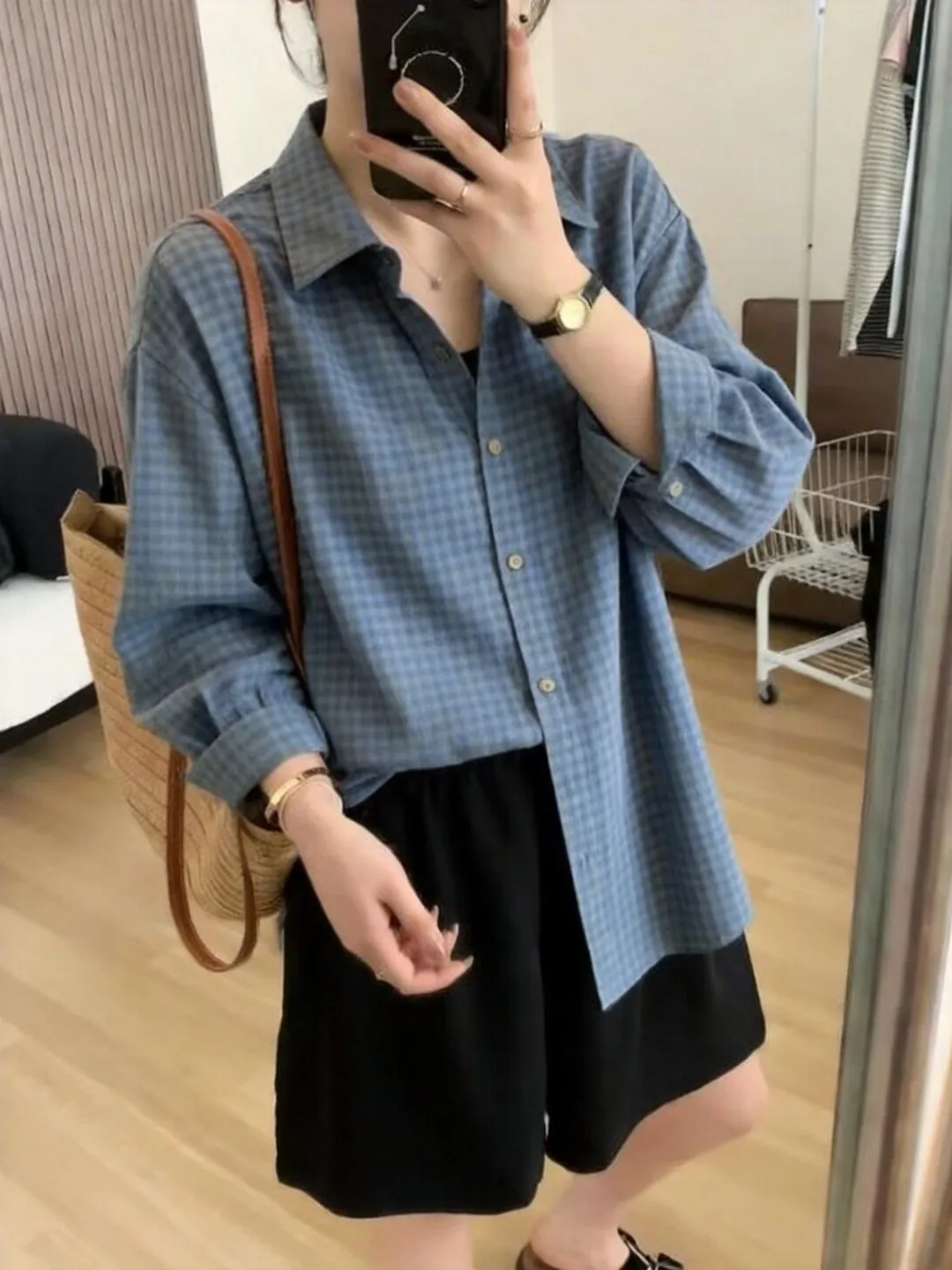 

Синяя клетчатая рубашка-куртка для женщин: дизайнерская новинка, ретро-воротник, корейский стиль, повседневная, с длинным рукавом, дышащая, летняя верхняя одежда