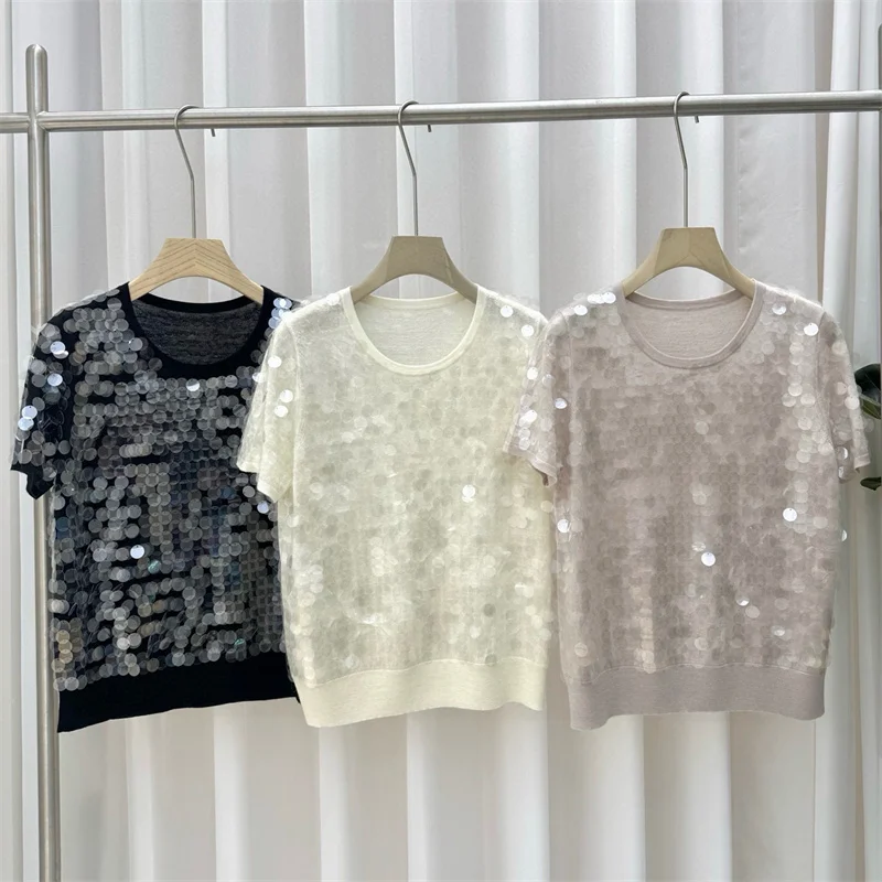 Bild 4: Damenpullover 2026 Frühling Neu Elastisch Gestrickt Figurbetont Kurzarm-Oberteil Wollmischung Pullover mit Pailletten-Dekoration Damen-T-Shirt