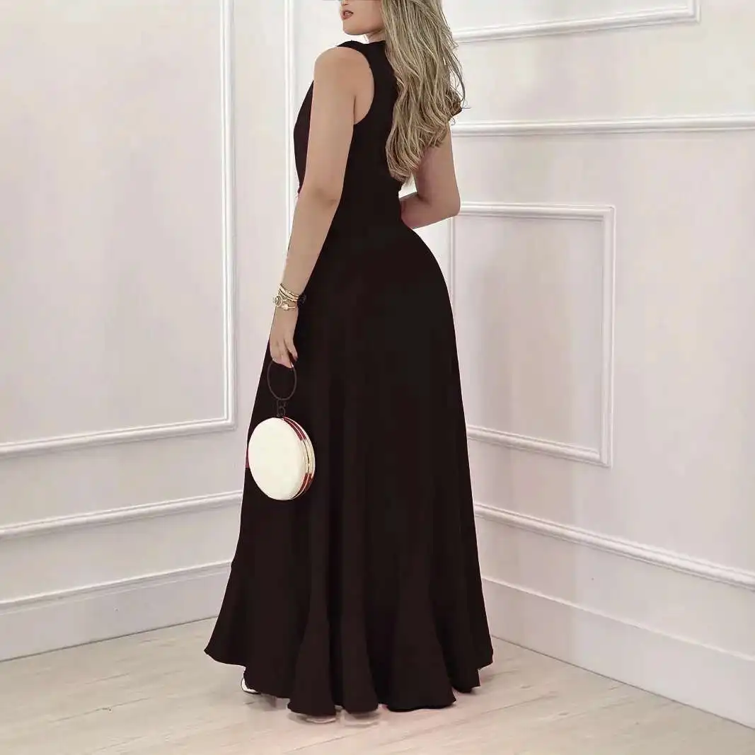 

2025 Summer High Waist Black Korean V-neck Long Dress, High Waist Split Style Lady Fashion Sleeveless Strap Dress Women Elegant