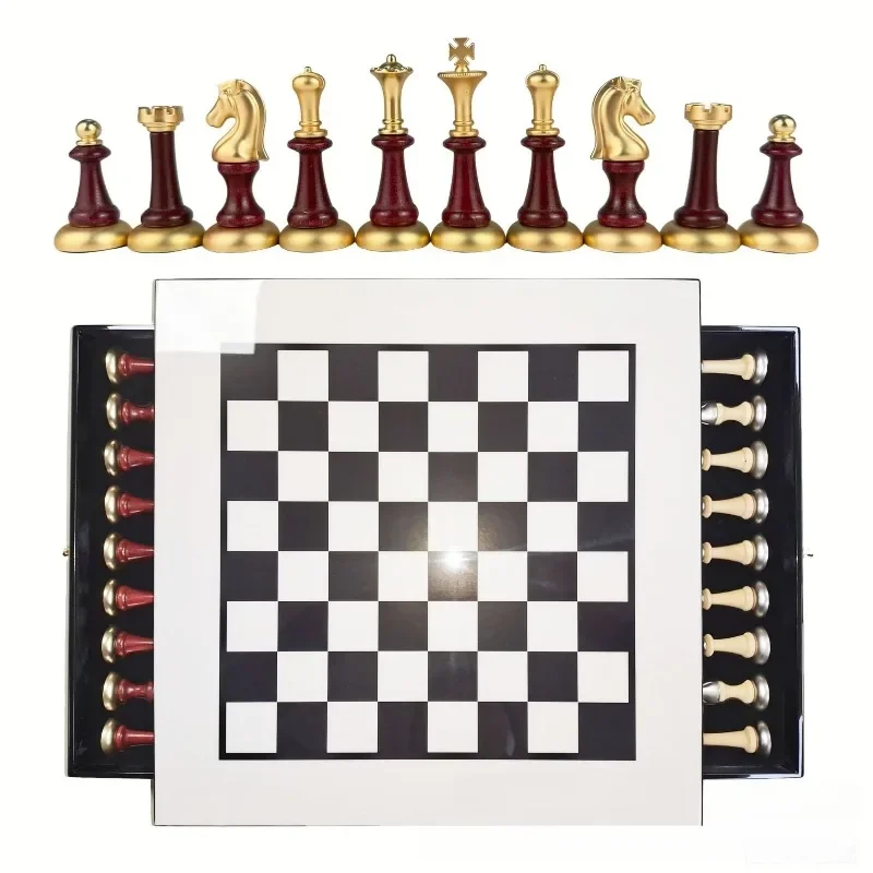 Luxury Wooden Chess Set High Gloss Piano Finish Solid Wood Board Storage Drawer Metal Pieces