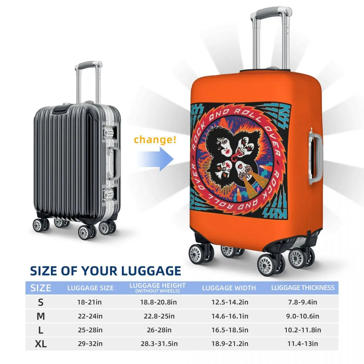 غطاء حقيبة Rock Roll Band Kiss Cat غطاء حماية مرن لرحلة الأمتعة مقاس 18-32 بوصة