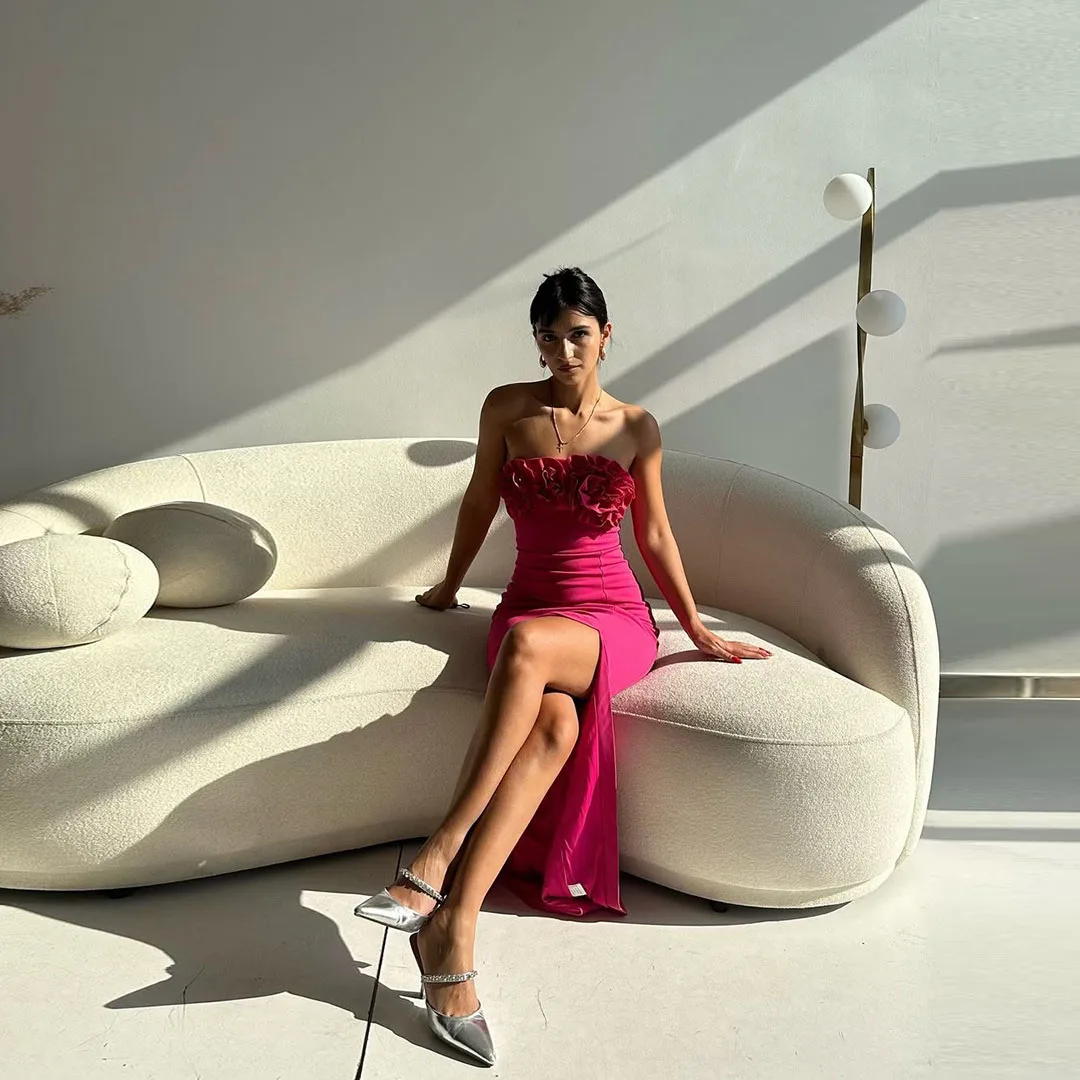 Charm Strapless 3D ดอกไม้ชุดสตรีเซ็กซี่ด้านข้างแยก Mermaid Maxi Slim Fit ซาตินสีทึบชุด vestido de Noche 2025