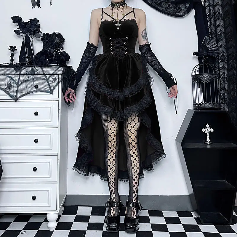 Donkere Halloween Gothic Ceinted Close Cross Backless Jurk Sexy Jsk Lolita Trein Jurk Kort Aan De Voorkant En Lang Aan De Achterkant