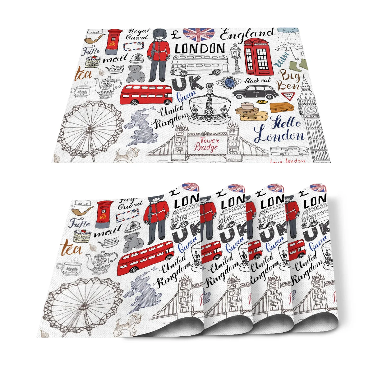 2/4/6pcs Placemats British London Culture Cartoon Doodle Dining Table Runner Place Mat in Kitchen Accessories Bar Mat Coaster