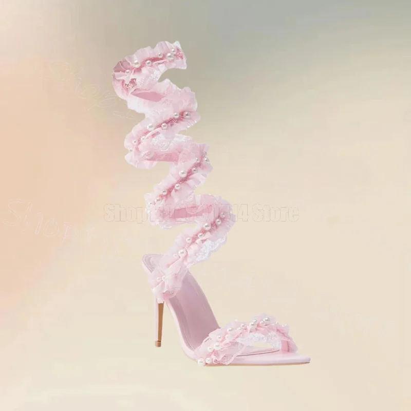 

Pink Mesh Falbala Pearl Design Twine Sandals Slip On Women Shoes Thin High Heels Open Toe Party Dating 2025 Zapatos Para Mujere