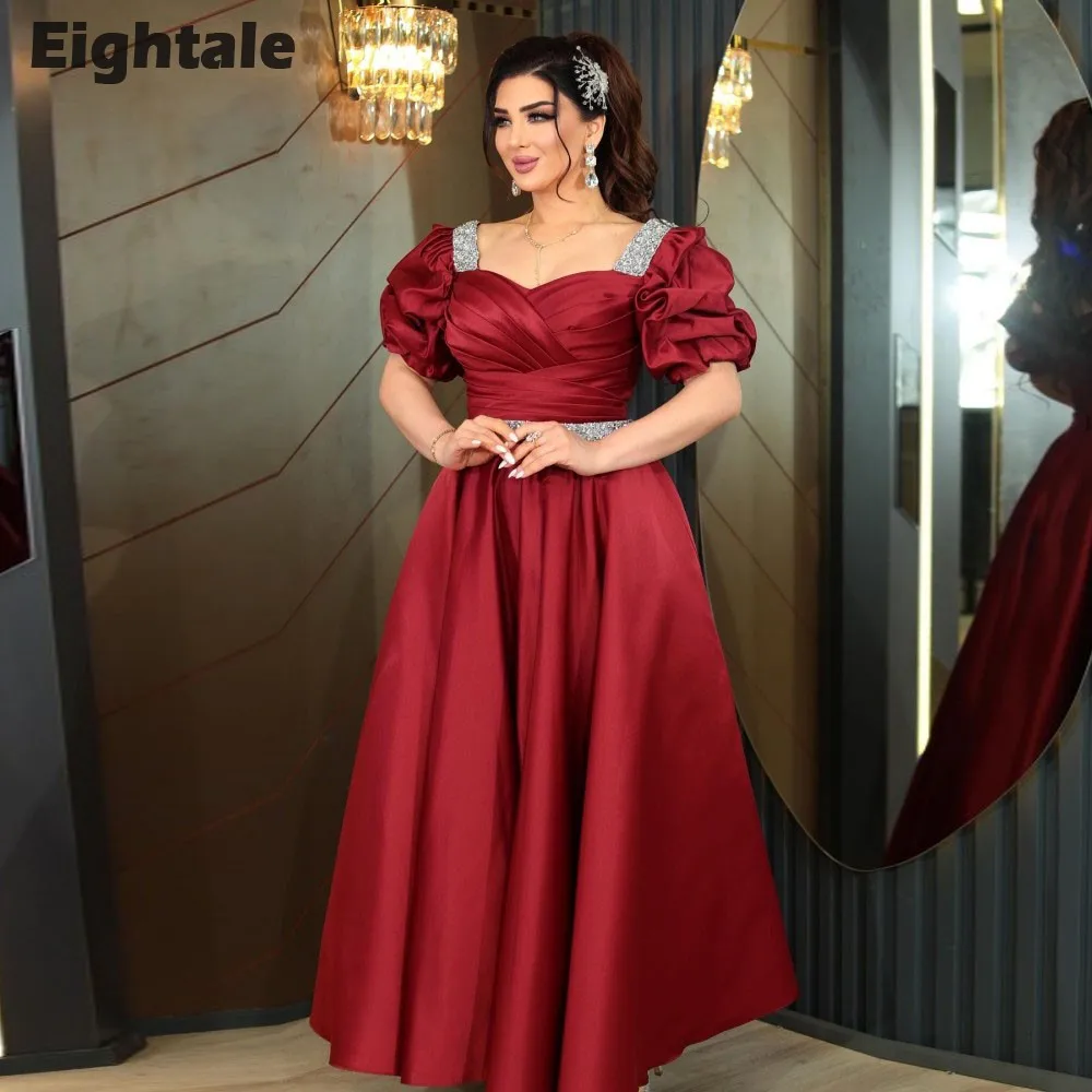 

Eightale Elegant Evening Dresses Sweetheart Beaded Sashes Short Sleeves Arabic Prom Wedding Party Gown Robe De Soiree Courte