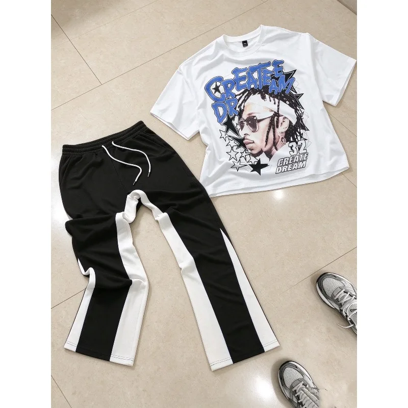 Men's Kid Fashion Casual Drawstring Pants and Round Neck Short-sleeved T-shirt Suit Connector Hip-hop Trend Men's Two-piece Set