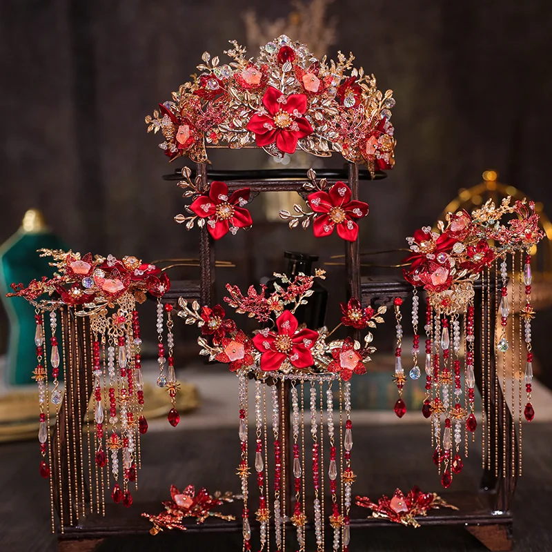 

Xiuhe Headdress High-End Elegant Red Coronet Chinese Retro Step Shake Hair Accessories and Dress Accessories Small