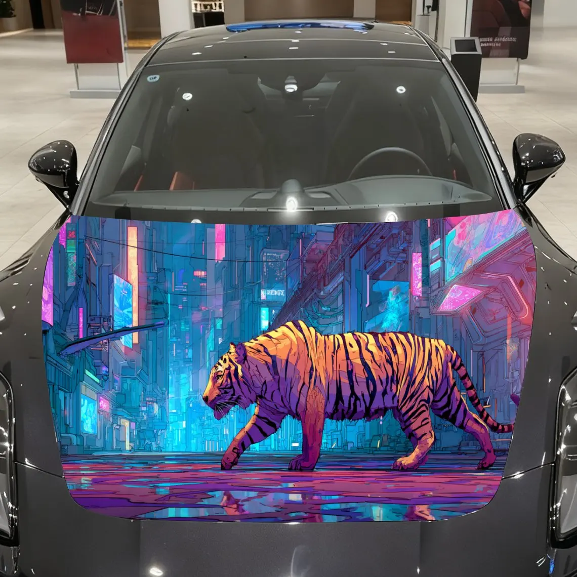 Attrative Cyber Tigers and Cities Car Cover Sticker, Auto Hood Decal, Car Exterior Scratch Resistant Decal, Trendy Gift for Car