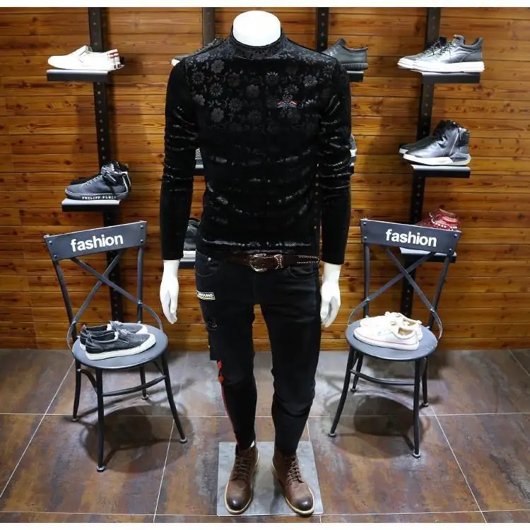 Men's autumn and winter velvet warm shirt, slim fit embroidered high-quality T-shirt, fashionable, personalized and handsome top