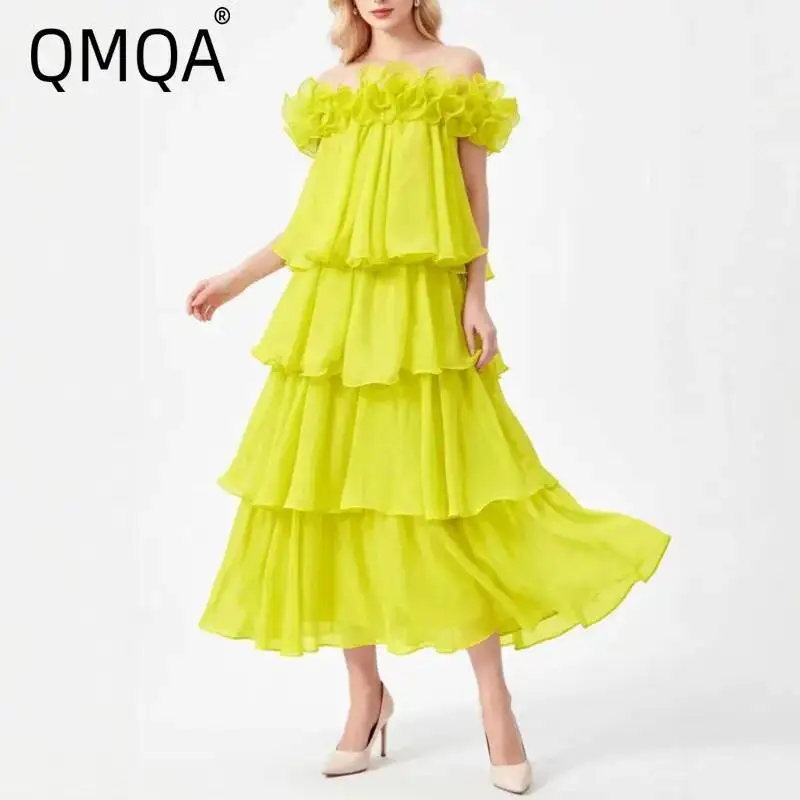 QMQA Fashion Women's Elegant Solid Dresses Sexy Off-Shoulder Three-Dimensional Ruffle Chic Princess Style Chiffon Dress QM1351