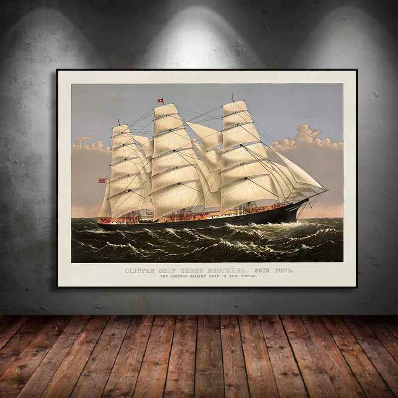 Sailing Yacht Steamship Sailboat Illustration Poster Canvas Painting Print, Nautical Ship Art Picture for Living Room Home Decor