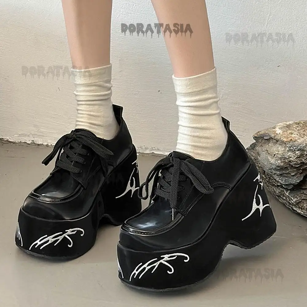 Punk Gothic High Wedges Round Toe Lace Up Platform Shoes Girls Classic Dress Fashion Design Print Casual Comfy Black Mary Janes