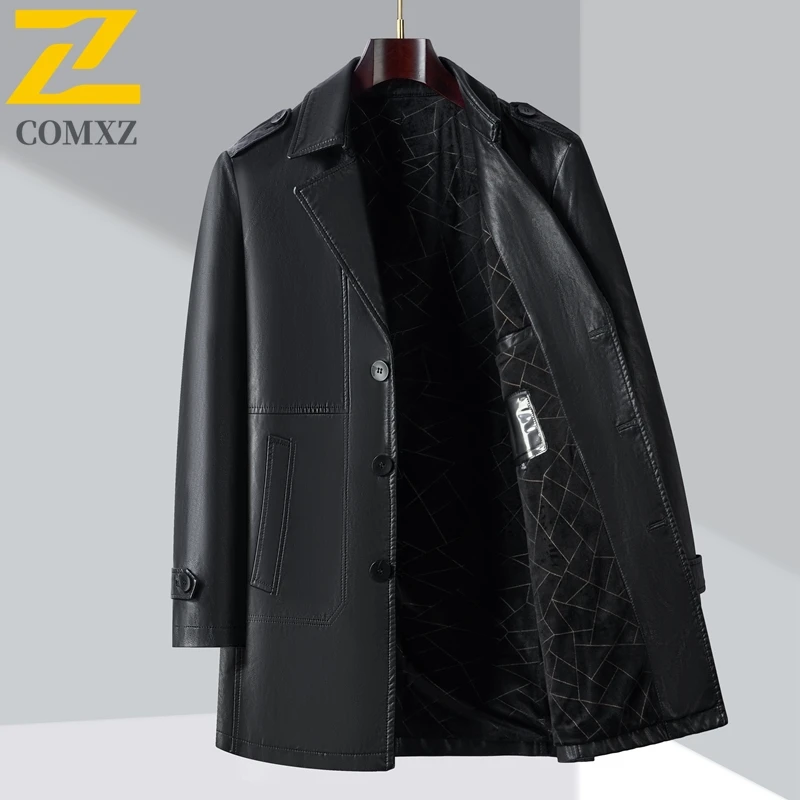 

COMXZ Long Leather Jacket Men 2025 Autumn Winter British Street Suit Lapel PU Coat Fashion Designer Clothing Luxury Coats Trench