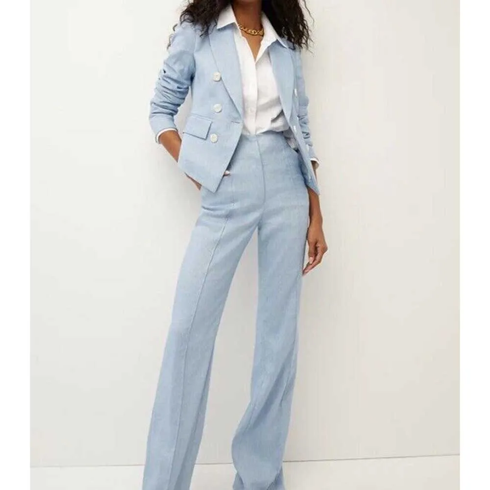 Luxury Light Blue Women's Kit Suits Double Breasted 2 Piece Jacket Pants Female Clothing Slim Fit Smart Office Lady Blazers Sets