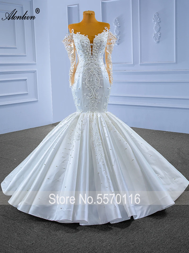 Alonlivn Real Photo ภาพลวงตาคอ Mermaid Wedding Dress ประดับด้วยลูกปัดไข่มุกเย็บปักถักร้อยลูกไม้แขนยาวทรัมเป็ตชุดเจ้าสาว