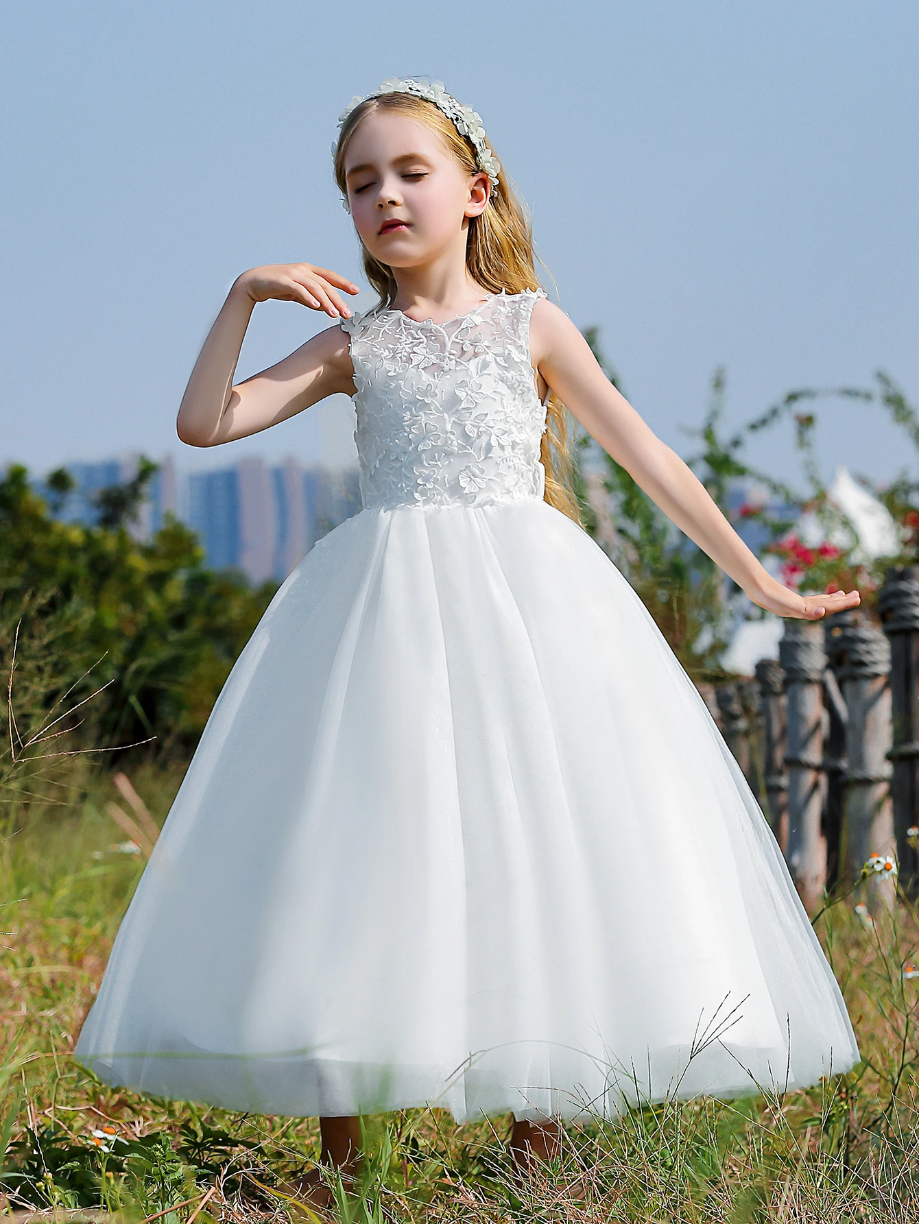 Soft Tulle Satin Floral Appliques Lace Elegant Wedding Party Princess Toddler Gown Dress