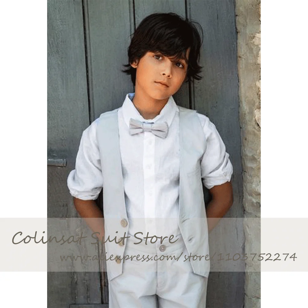 Casual Boy's Suit 2 Piece Linen Summer Vest Pants Set for Children Ring Bearer Wedding Guest Wear Piano Concert Elegant Costume