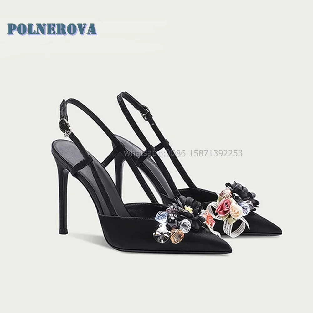 

Flower Gemstone Decoration Shallow Sandals Pointed Toe Stiletto Side Air Slingback Black Women Heels Elegant Party Wedding Shoes