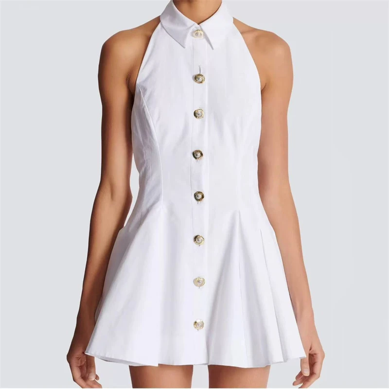 

Summer New Women's Pure Cotton Halter Neck Sleeveless Backless Dress High Quality 3D Tailoring Pleated Flared Large Hemline