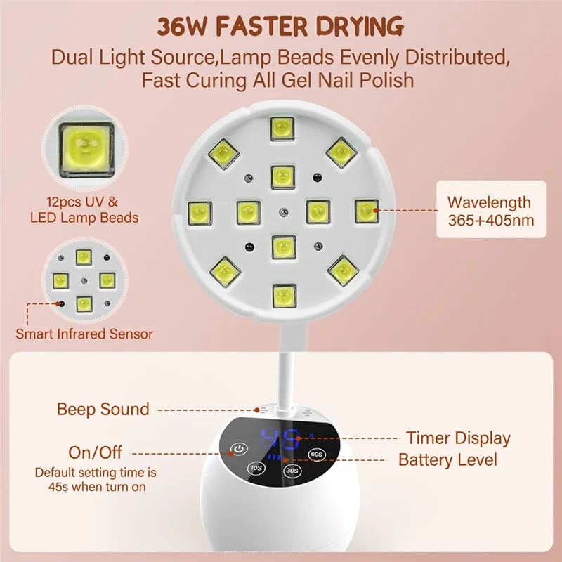 

AT02-UV LED Nail Lamp Cordless 36W Mini UV Light For Gel X Nails Tips Rechargeable Nail Dryers With Smart Sensor & 4 Timer