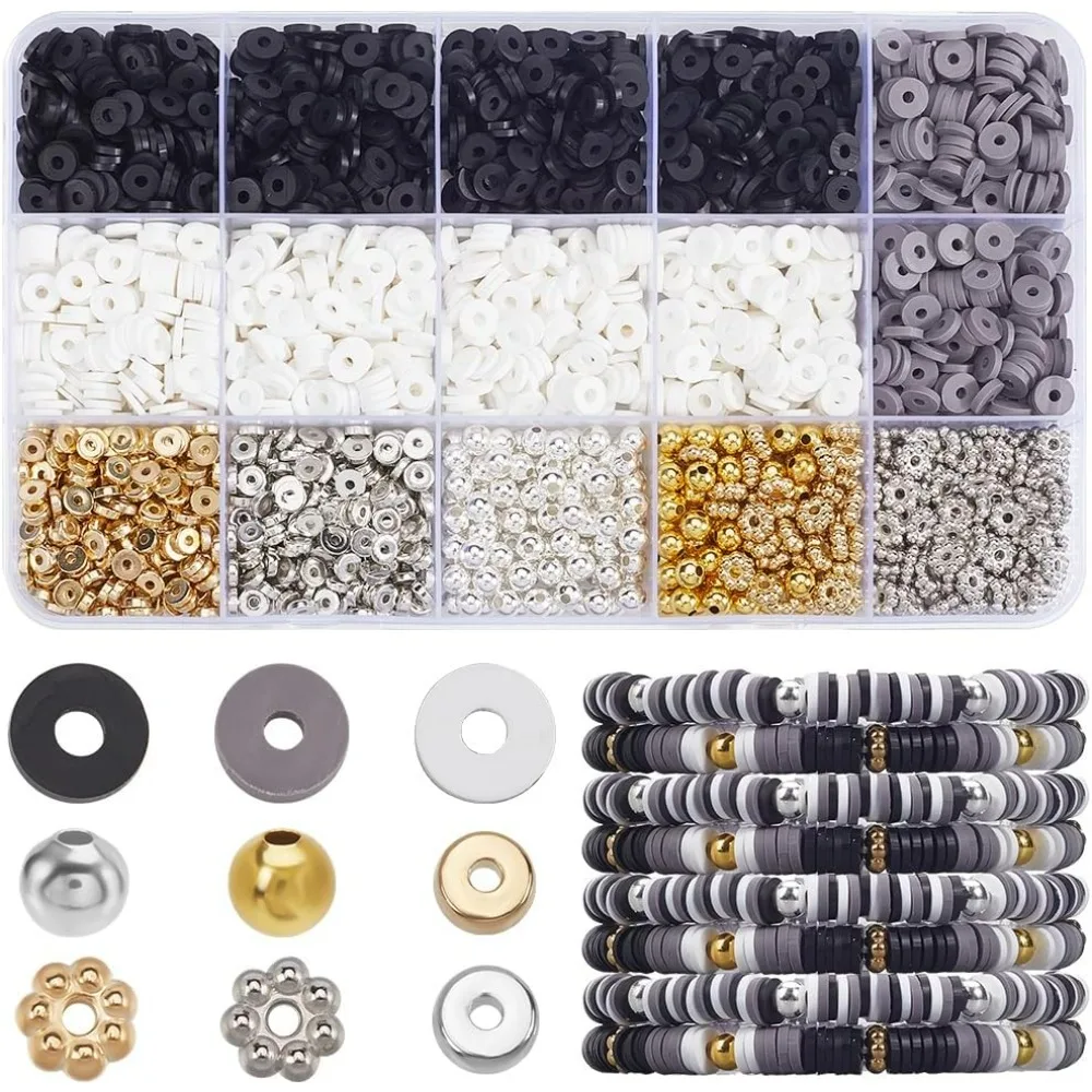 

1 Box 2800Pcs Black and White Clay Beads Kit 6mm Friendship Bracelet Making Kits Disc Heishi Flat Round Gold Silver making kit
