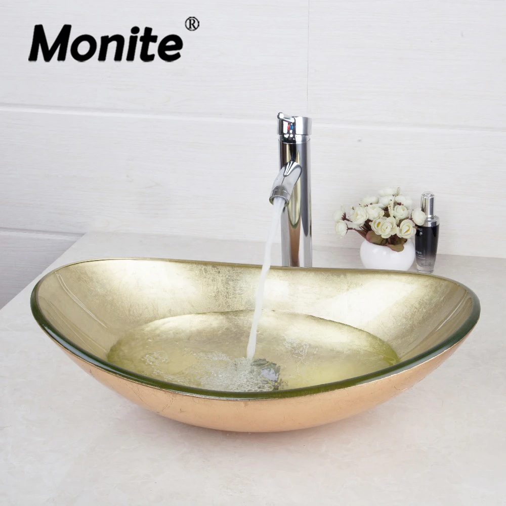 monite prata oval lavatorio do banheiro bancada lavatorio vessel vanity sink amarelo conjunto torneira da bacia de vidro temperado torneira de bronze 01