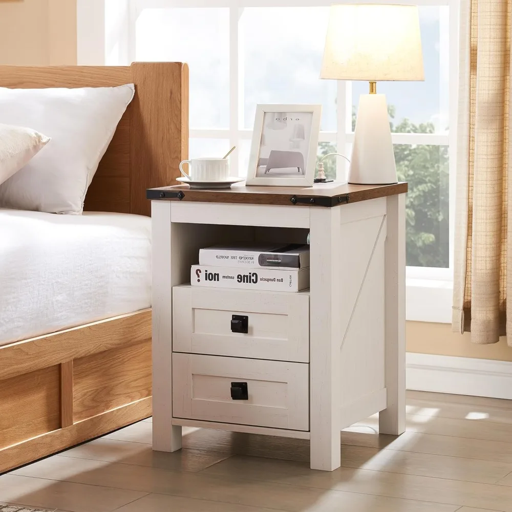 

Farmhouse Nightstand with Charging Station, Rustic 18 Inch End Table with 2 Storage Drawers and Open Shelf