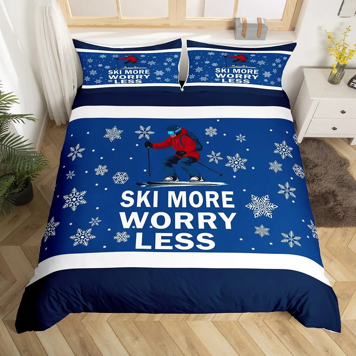 Skiing Duvet Cover,Winter White Snowflake Skier Bedding Sets for Kids Teens Adults,Patchwork Blue Plaid Sports Theme Quilt Cover
